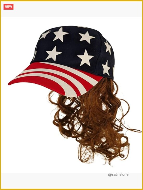 Stars and Stripes Mullet Hat - USA Patriotic Costume Wig with Brown Hair main image 5
